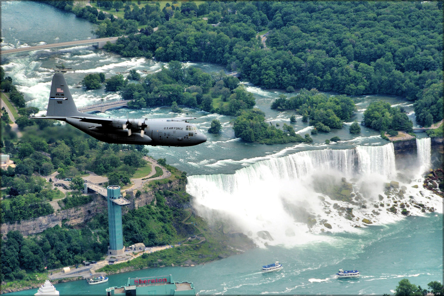 24"x36" Gallery Poster, NYANG C-130 hercules over Niagra Falls, New york