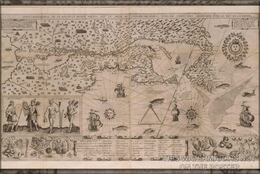 24"x36" Gallery Poster, New France Map (samuel de Champlain, 1612). A more precise map was drawn by Champlain in 1632