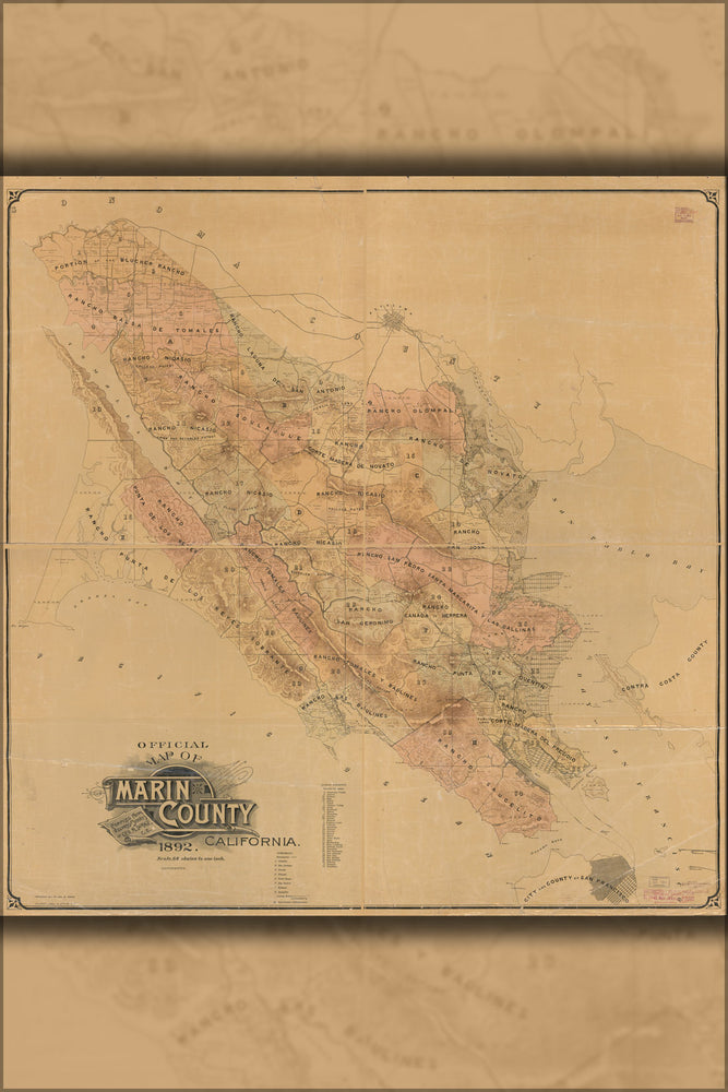 24"x36" Gallery Poster, Official map of Marin County, California 1892