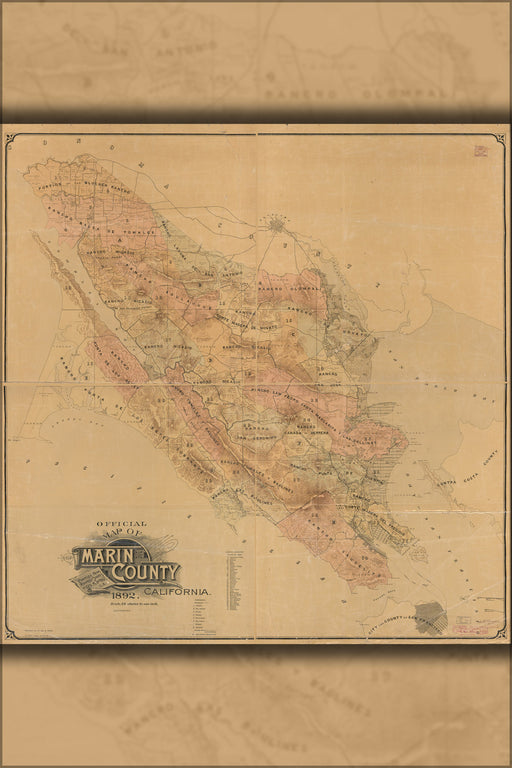 24"x36" Gallery Poster, Official map of Marin County, California 1892