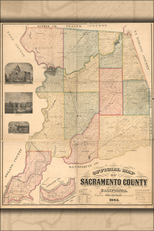 24"x36" Gallery Poster, Official map of Sacramento County California 1885