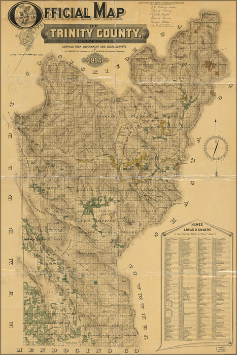 24"x36" Gallery Poster, Official map of Trinity County, California 1894