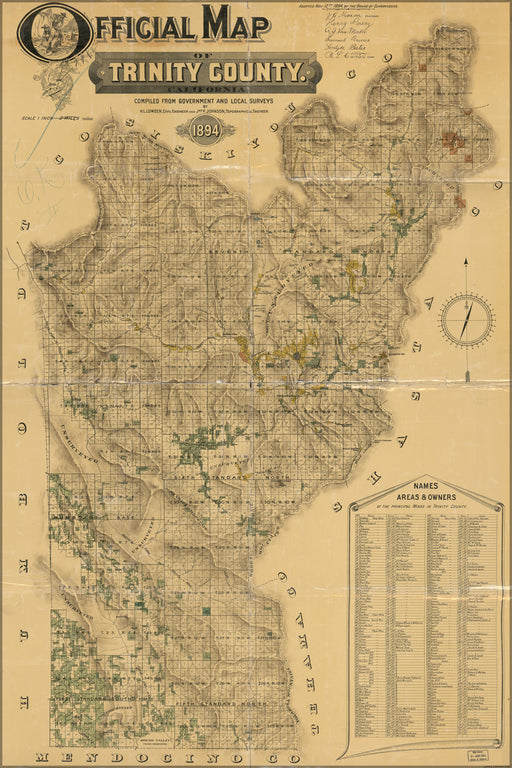 24"x36" Gallery Poster, Official map of Trinity County, California 1894