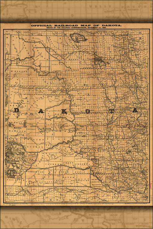 24"x36" Gallery Poster, Official railroad map of Dakota 1886