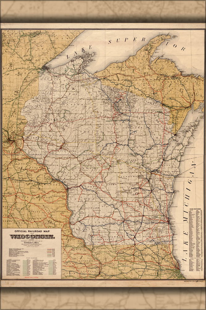 24"x36" Gallery Poster, Official railroad map of Wisconsin, 1900