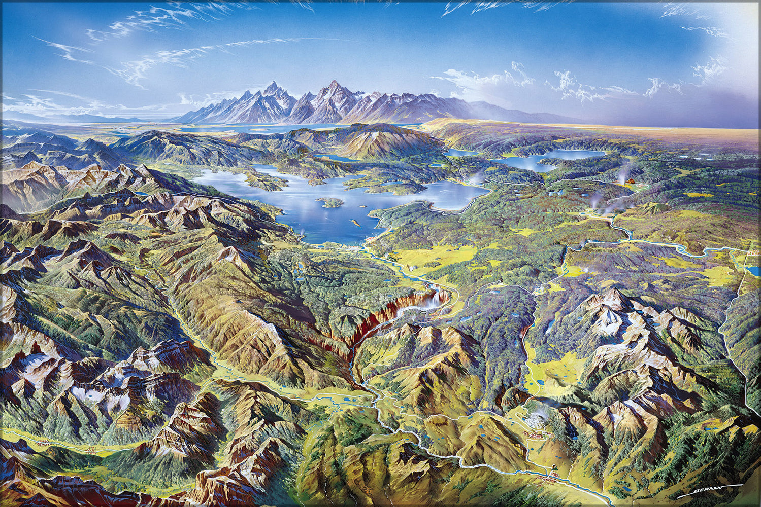 24"x36" Gallery Poster, Panoramic drawing of Yellowstone National Park, Heinrich Berann