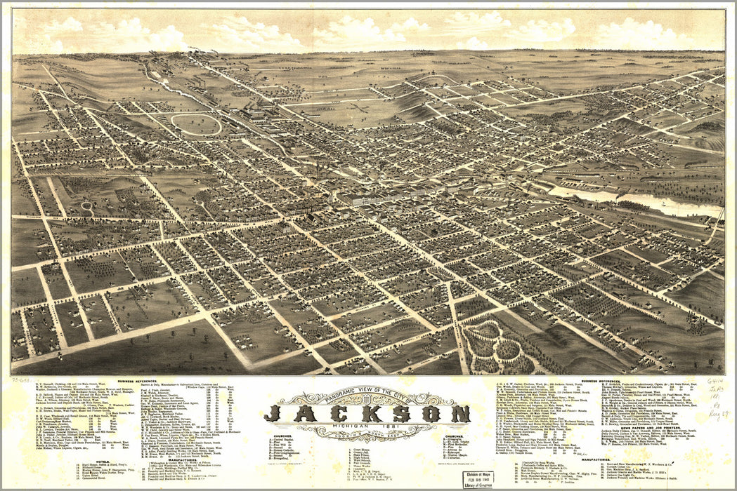 24"x36" Gallery Poster, Panoramic map of Jackson, Michigan 1881