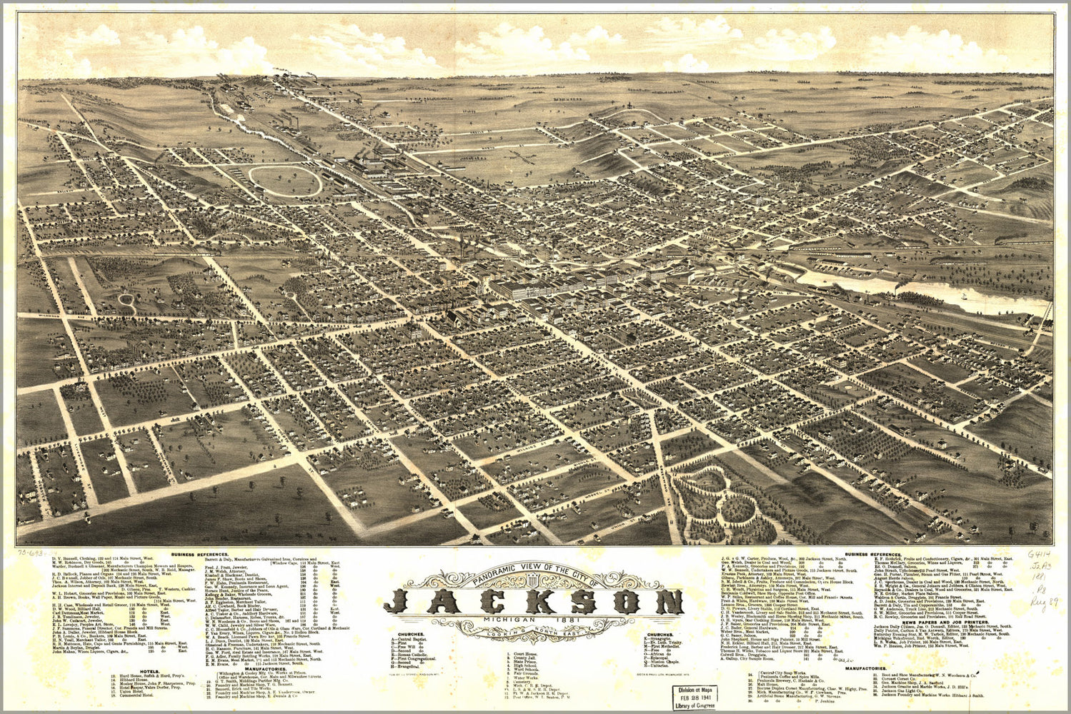 24"x36" Gallery Poster, Panoramic map of Jackson, Michigan 1881