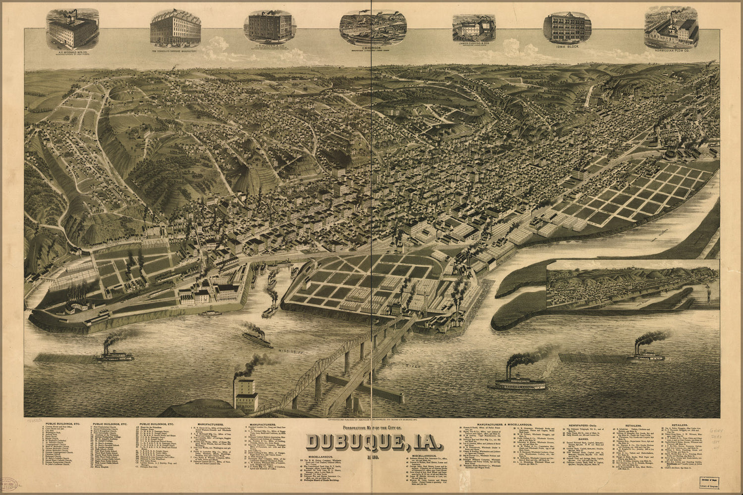 24"x36" Gallery Poster, Perspective map of Dubuque, Iowa 1889
