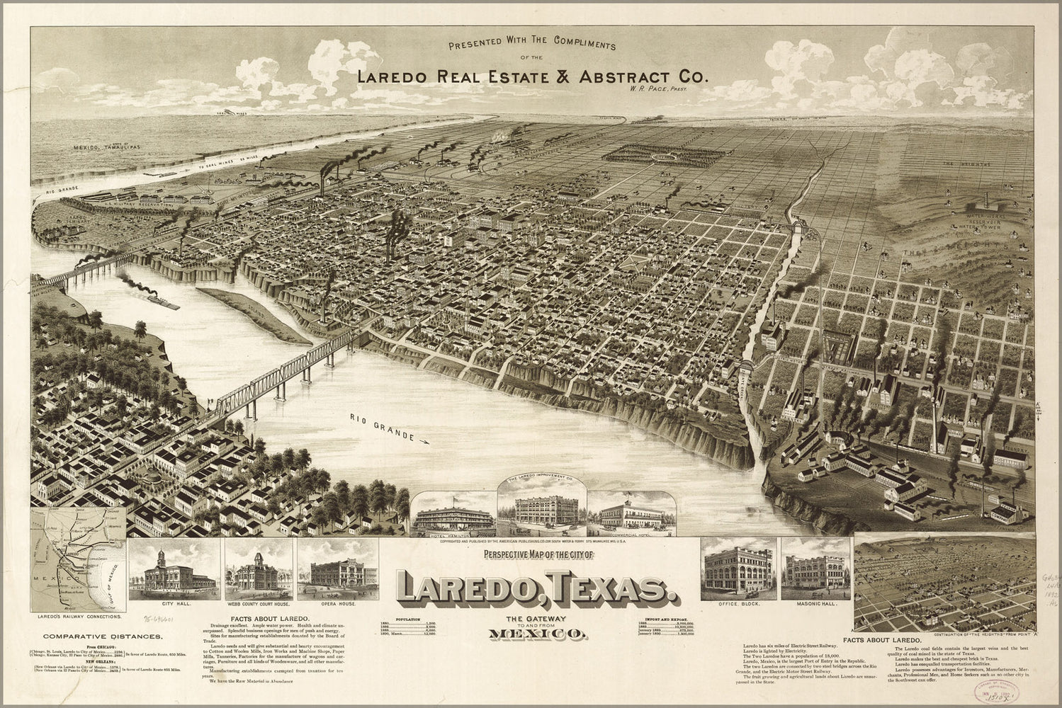 24"x36" Gallery Poster, Perspective map of Laredo, Texas, 1892