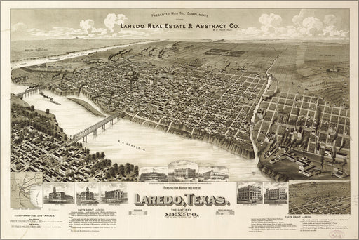 24"x36" Gallery Poster, Perspective map of Laredo, Texas, 1892
