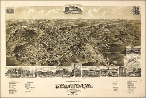 24"x36" Gallery Poster, Perspective map of Staunton, Virginia 1891