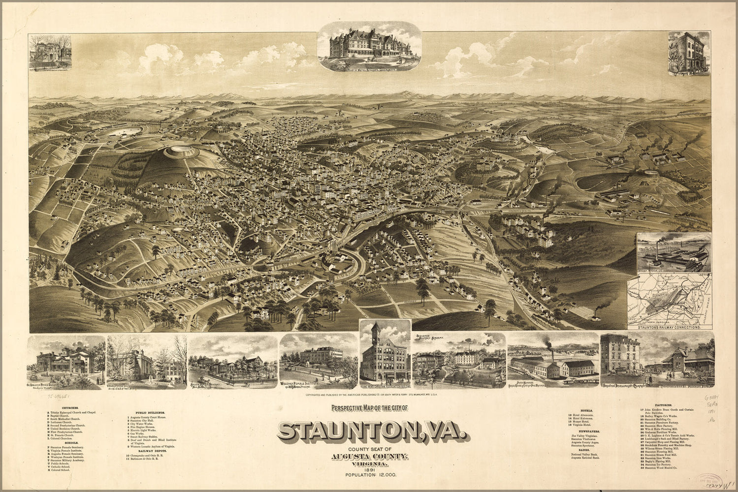 24"x36" Gallery Poster, Perspective map of Staunton, Virginia 1891