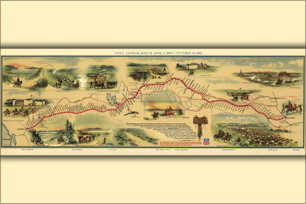 24"x36" Gallery Poster, Pony Express map, by William Henry Jackson, 1861