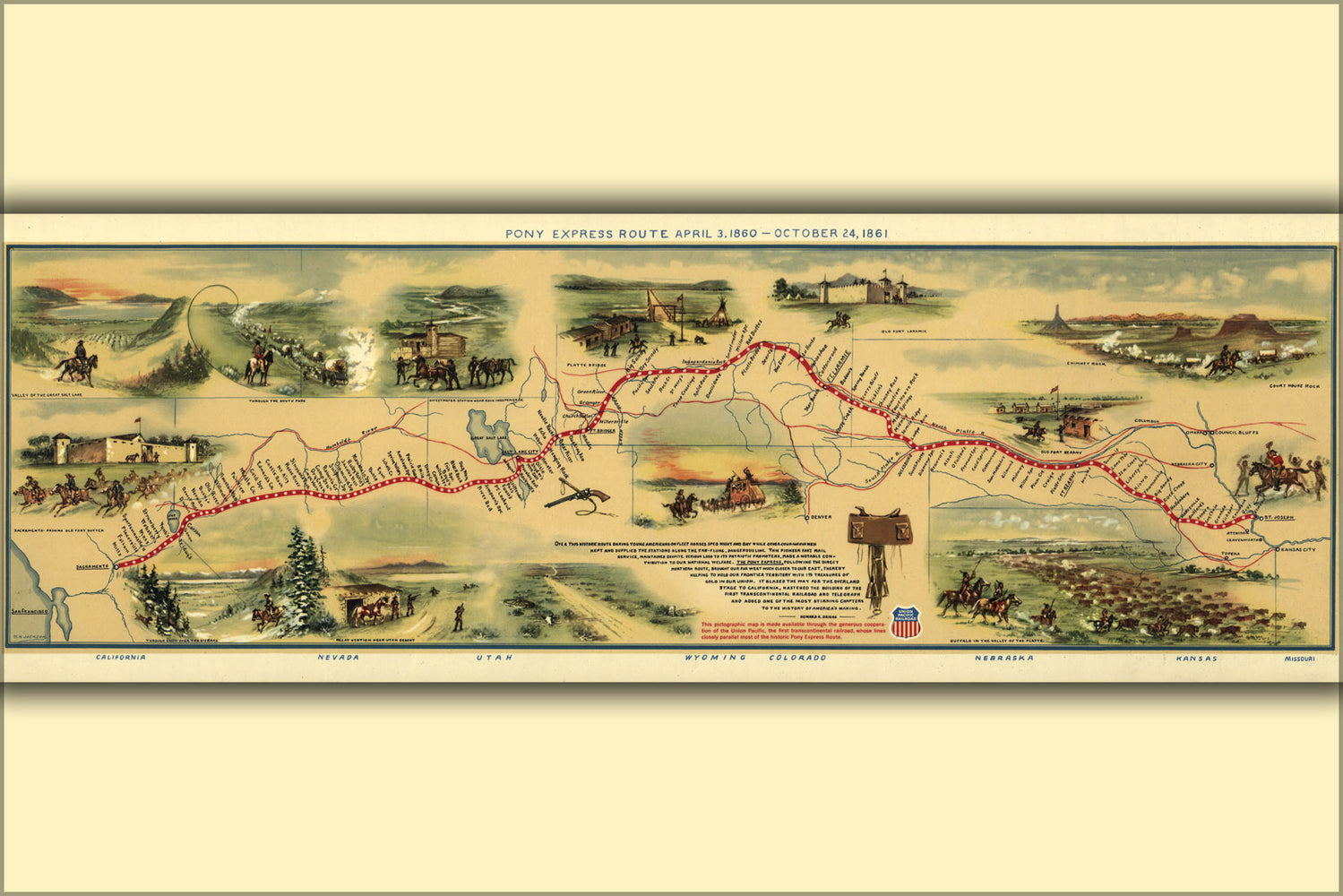 24"x36" Gallery Poster, Pony Express map, by William Henry Jackson, 1861