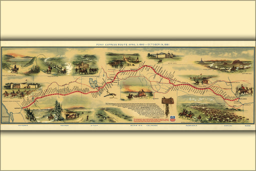 24"x36" Gallery Poster, Pony Express map, by William Henry Jackson, 1861