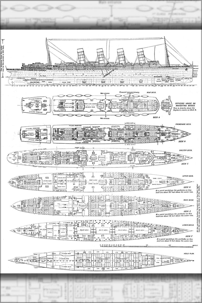 24"x36" Gallery Poster, RMS Lusitania deck plans 1904
