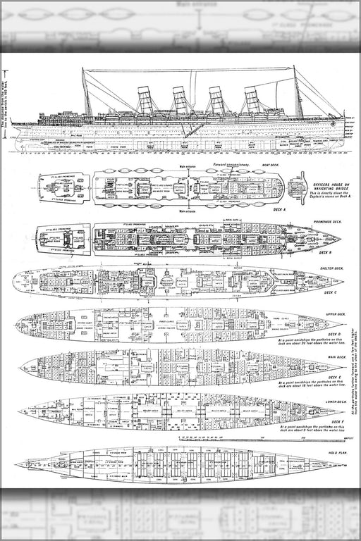 24"x36" Gallery Poster, RMS Lusitania deck plans 1904