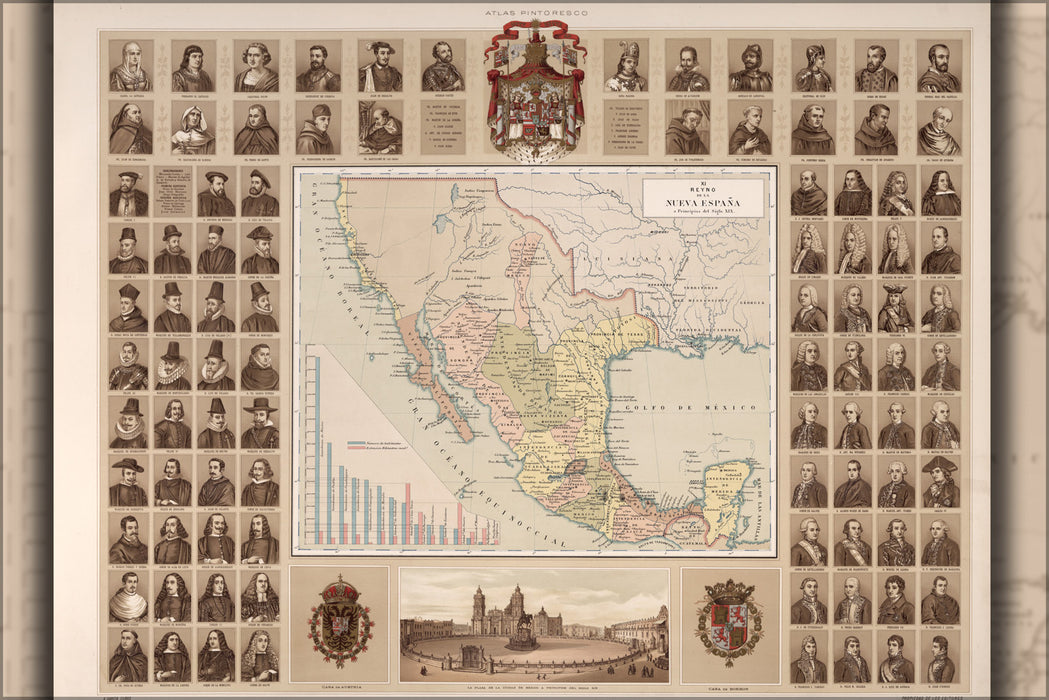 24"x36" Gallery Poster, Reign of New Spain & map of Mexico 1885
