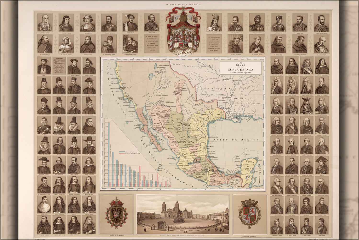 24"x36" Gallery Poster, Reign of New Spain & map of Mexico 1885