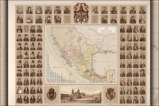 24"x36" Gallery Poster, Reign of New Spain & map of Mexico 1885