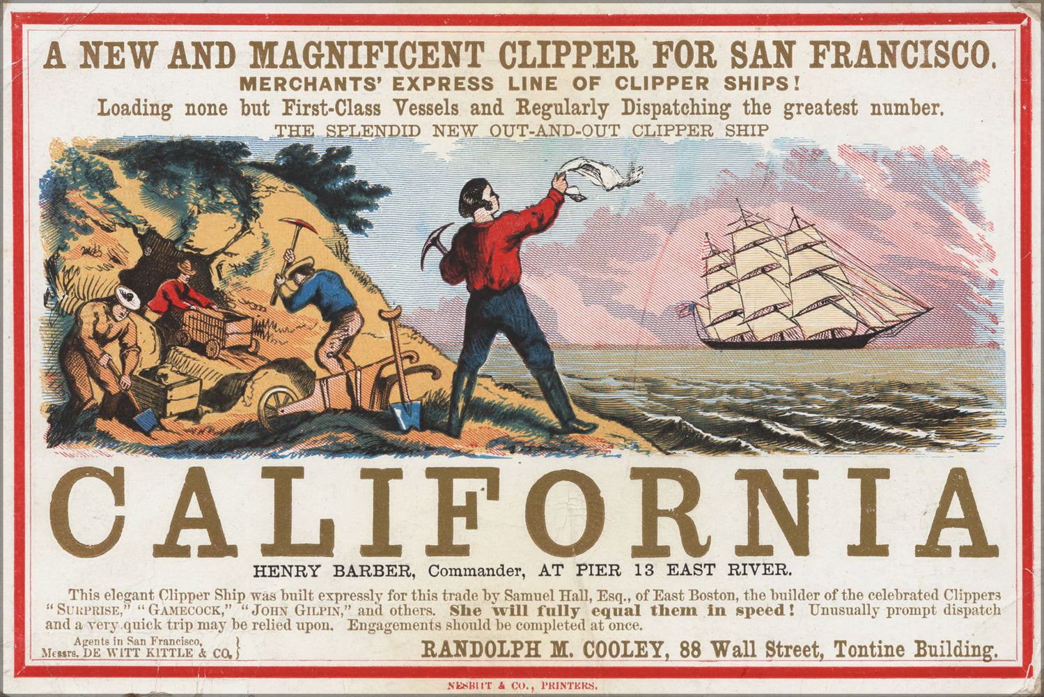 24"x36" Gallery Poster, Sailing card for clipper ship California, gold rush scenes 1850 05_19