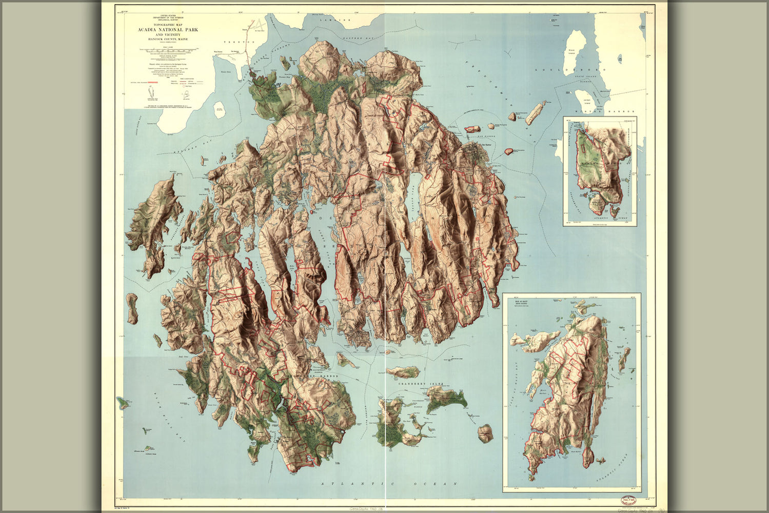 24"x36" Gallery Poster, Topographic map, Acadia National Park and vicinity, Hancock County, Maine 1960