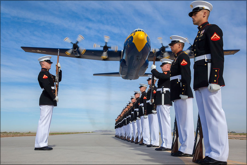 24"x36" Gallery Poster, U.S. Marine Corps C-130 Hercules aircraft with the Blue Angels