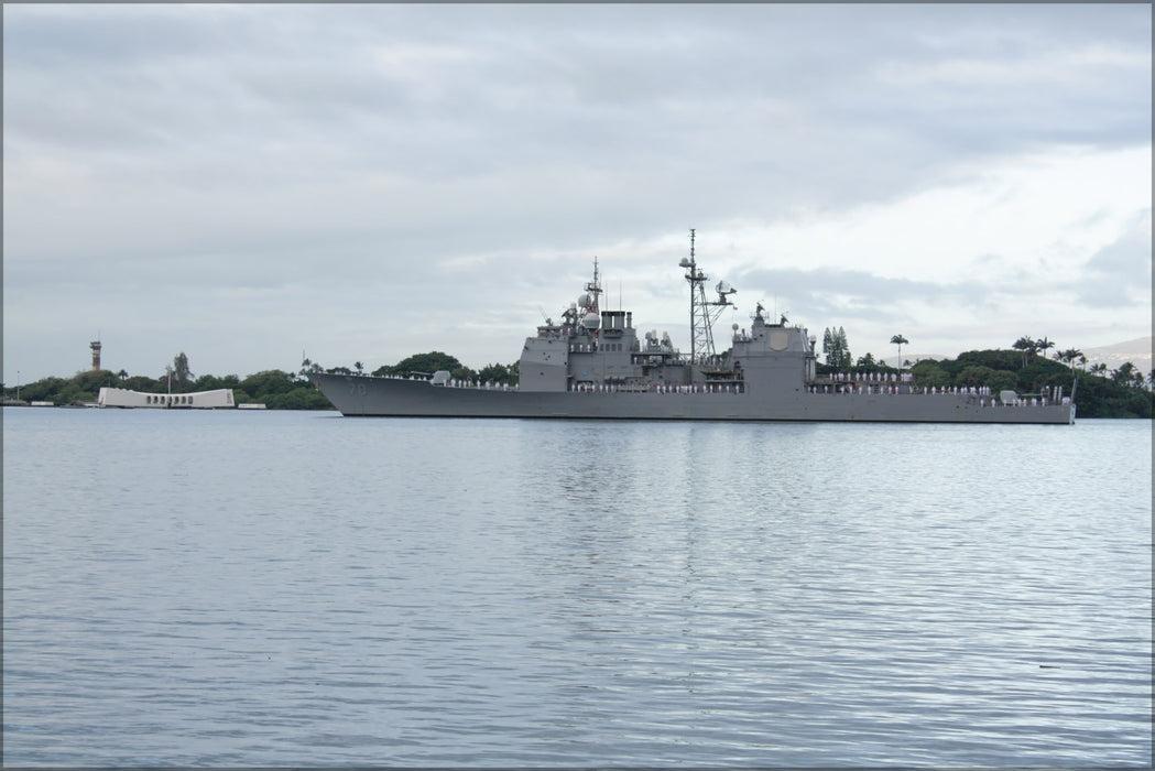 24"x36" Gallery Poster, U.S. Navy cruiser USS Lake Erie sailing & USS Arizona Memorial