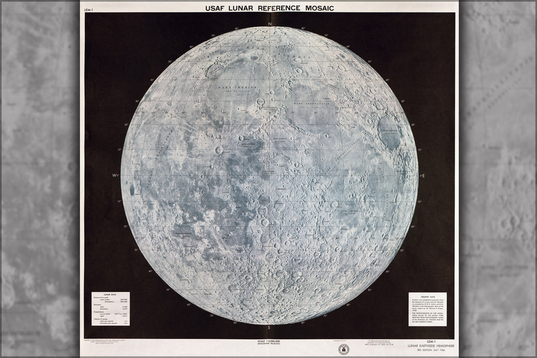 24"x36" Gallery Poster, USAF lunar reference mosaic 1966 Moon Map