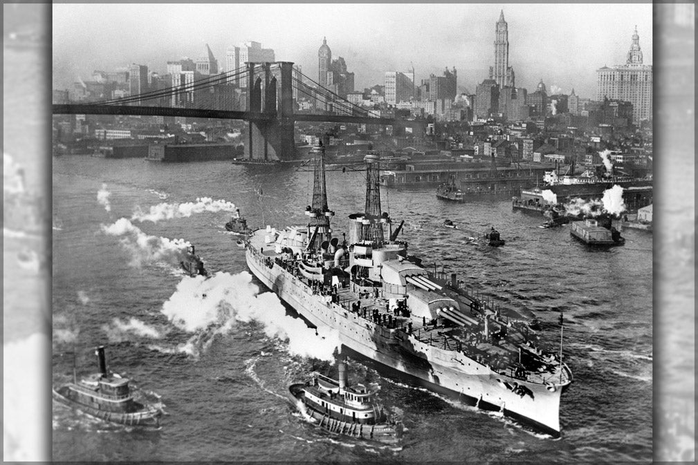 24"x36" Gallery Poster, USS ARIZONA on the East River in New York City near the Brooklyn Bridge on its way to sea trials. 1918