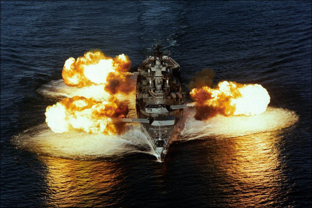 24"x36" Gallery Poster, USS NEW JERSEY (BB-62) firing its nine 16-inch 50 caliber guns