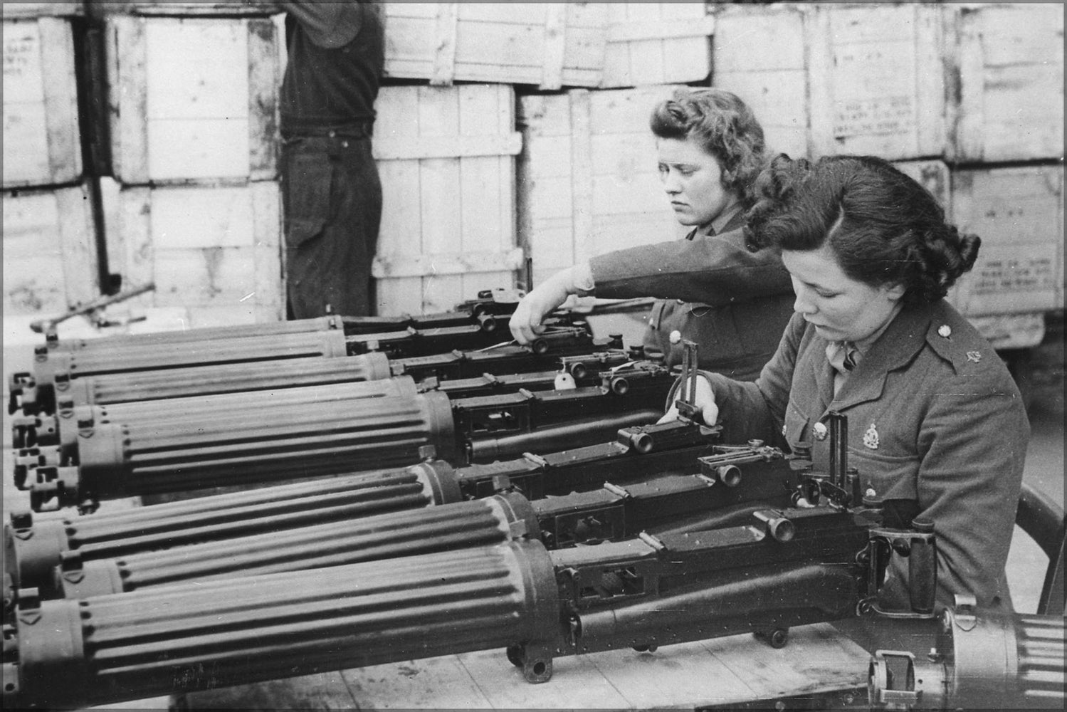 24"x36" Gallery Poster, Water-cooled machine guns just arrived from the USA under lend-lease are checked at an ordnance depot in England