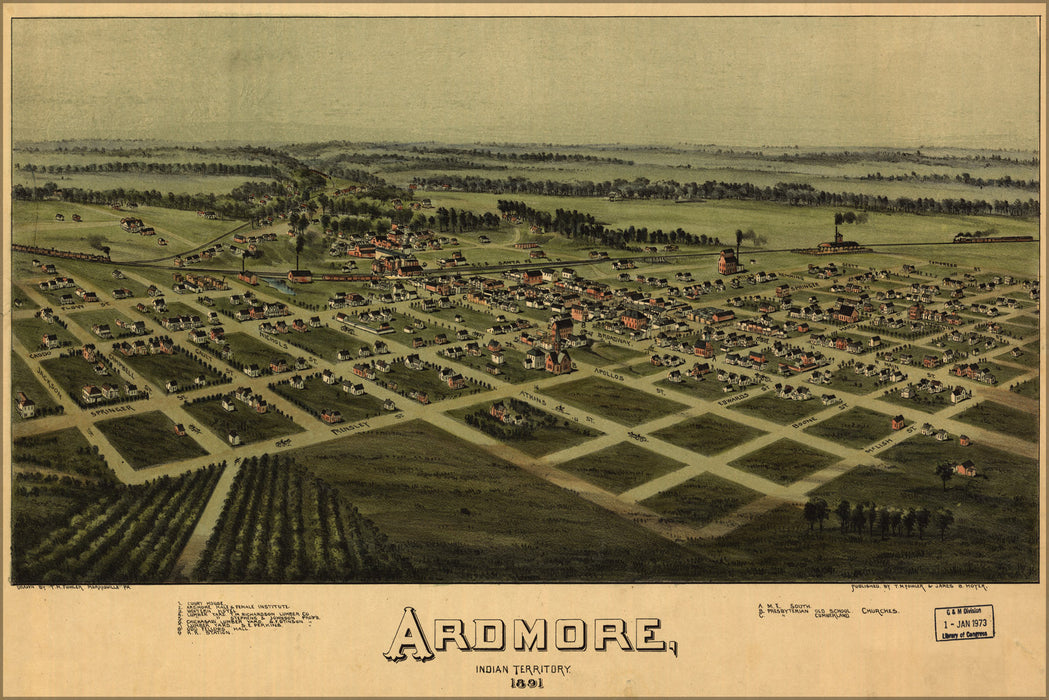 24"x36" Gallery Poster, aerial map Ardmore Indian Territory 1891 oklahoma