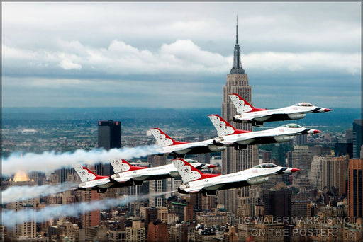 24"x36" Gallery Poster, air force Thunderbirds F-16 fighting falcons in delta formation flying near the Empire State Building