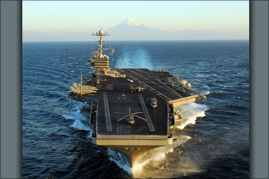 24"x36" Gallery Poster, aircraft carrier USS George Washington (CVN 73) is underway in the Pacific Ocean with Mt. Fuji