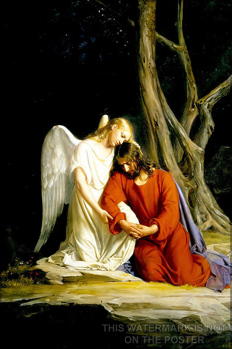 24"x36" Gallery Poster, angel with Jesus christ before arrest in the Garden of Gethsemane, painting by Carl Heinrich Bloch