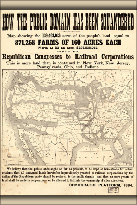 24"x36" Gallery Poster, anti railroad land grant map united states 1884