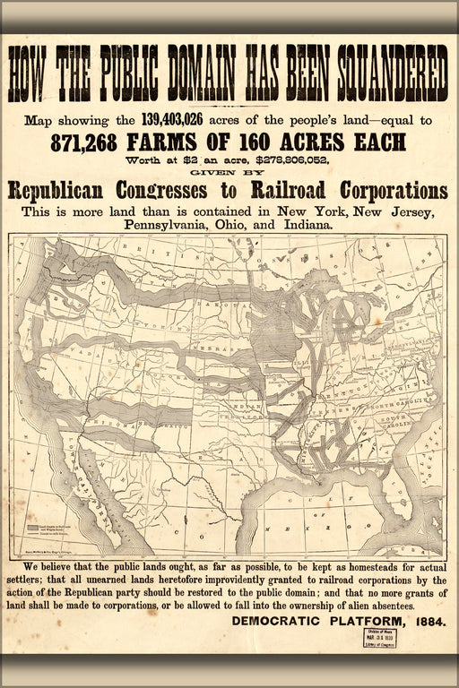 24"x36" Gallery Poster, anti railroad land grant map united states 1884