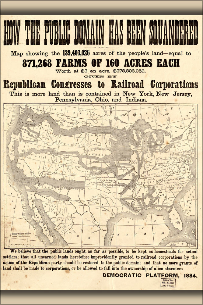 24"x36" Gallery Poster, anti railroad land grant map united states 1884