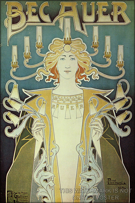 24"x36" Gallery Poster, art nouveau p1 Affiche Bec Auer, incandescent gas mantles, c1896 henri privat-livemont
