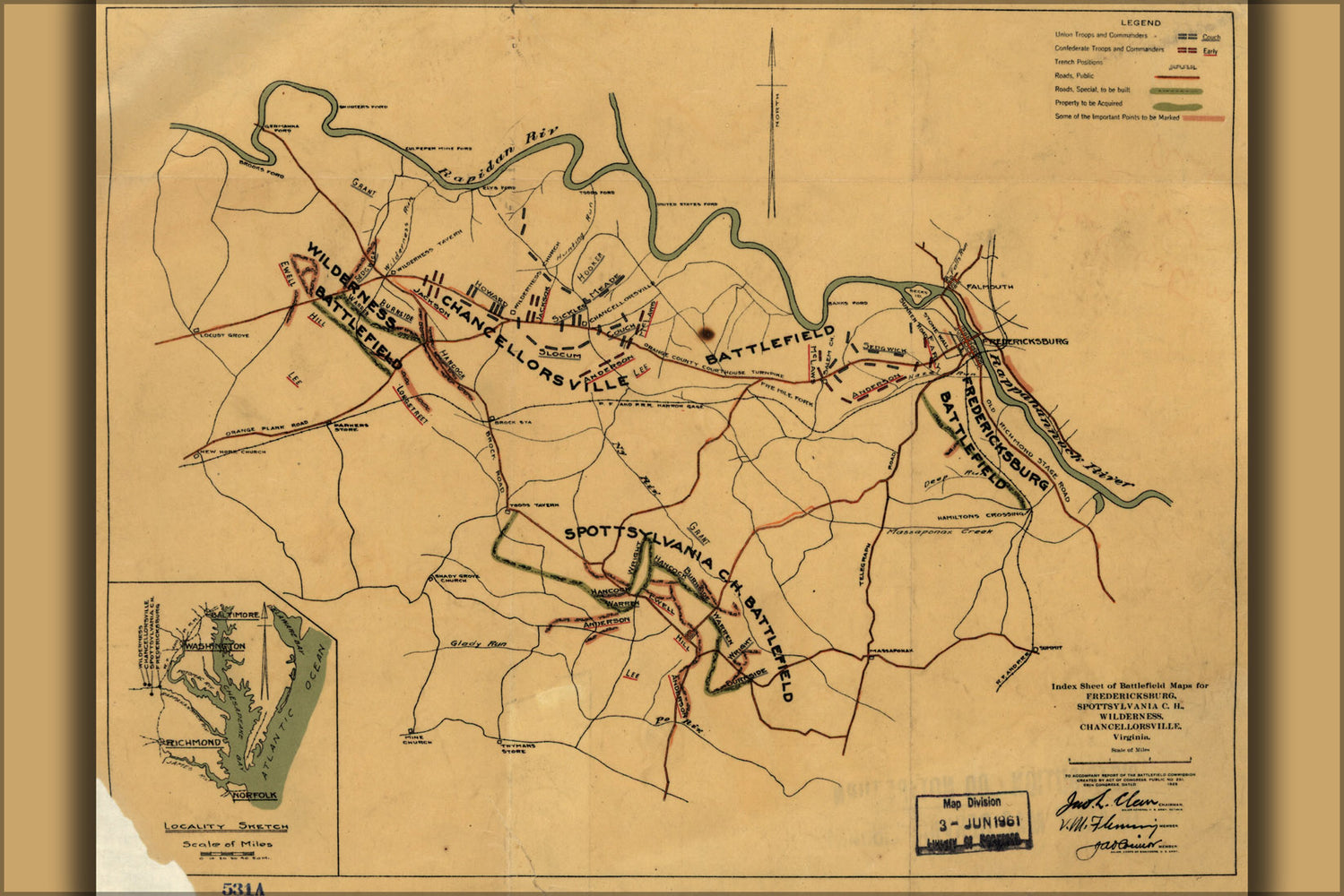 24"x36" Gallery Poster, battle field map Fredericksburg Virginia 1862-64