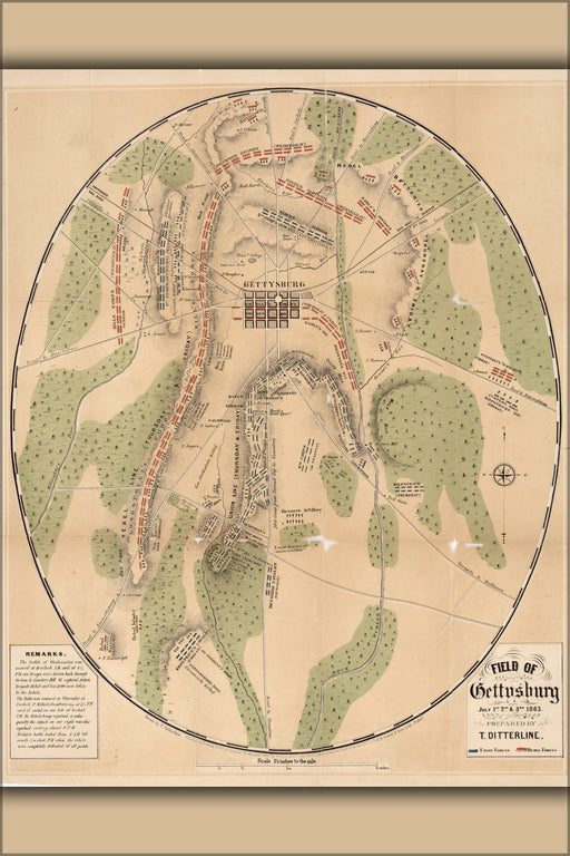 24"x36" Gallery Poster, battle field map of Gettysburg, July 1st, 2nd & 3rd 1863