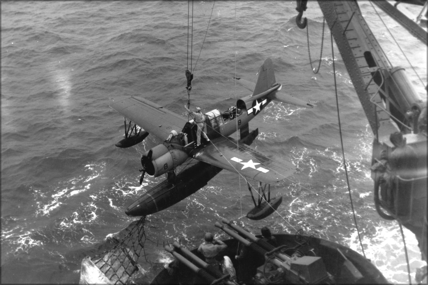 24"x36" Gallery Poster, battleship USS Texas (BB-35) Vought OS2U Kingfisher 1945