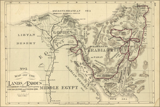 24"x36" Gallery Poster, bible map of the exodus from egypt 1881