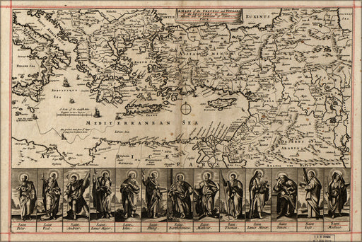 24"x36" Gallery Poster, bible map travels of apostles & saint paul 1680
