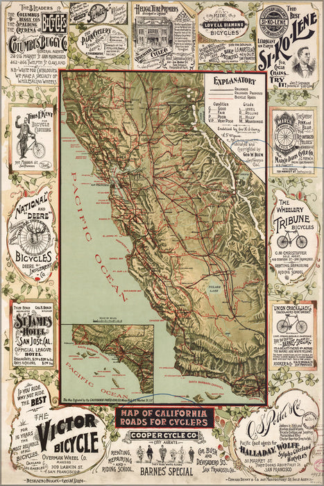 24"x36" Gallery Poster, bicycle road Map of California 1895