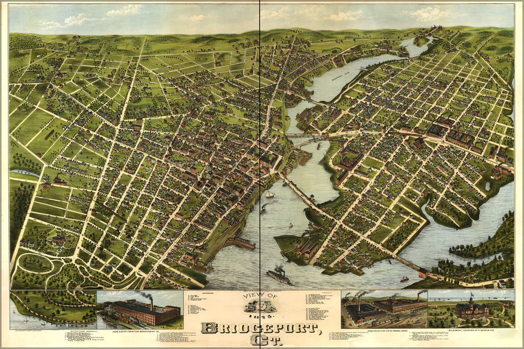 24"x36" Gallery Poster, birdseye View map of Bridgeport, Connecticut 1875
