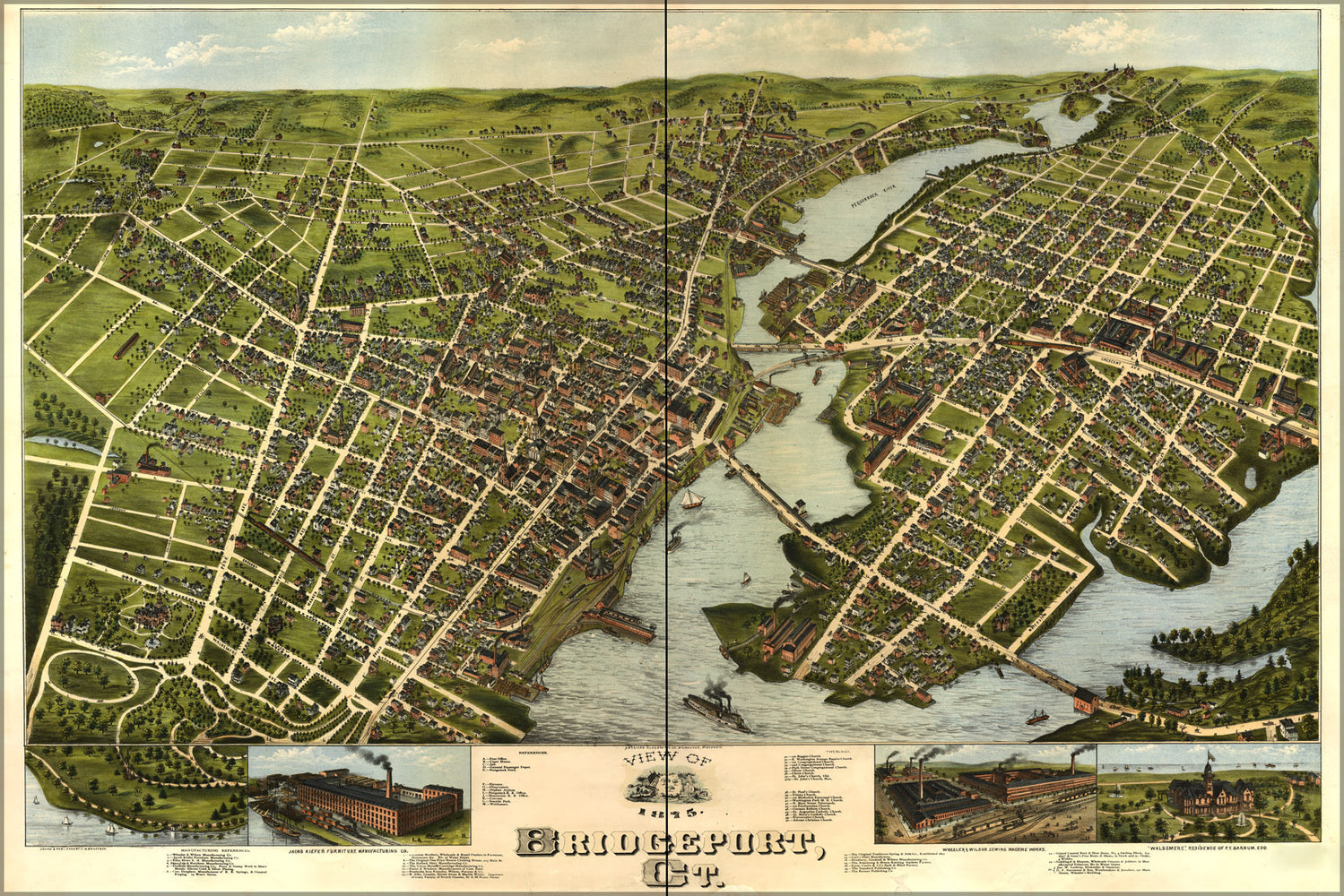 24"x36" Gallery Poster, birdseye View map of Bridgeport, Connecticut 1875