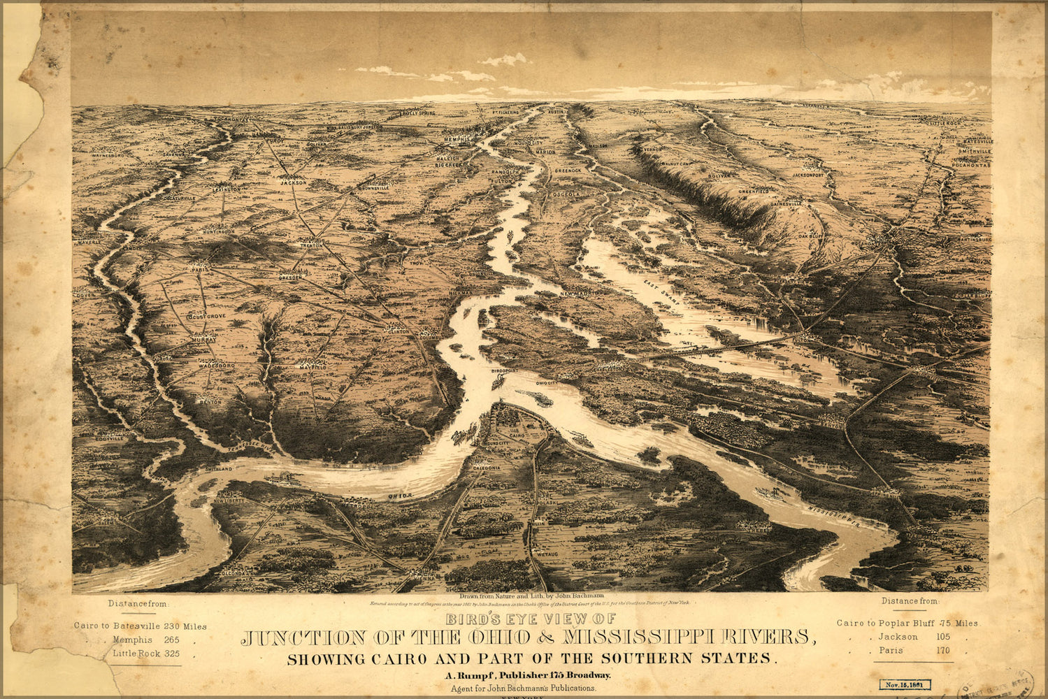24"x36" Gallery Poster, birdseye map Ohio river & Mississippi River 1861